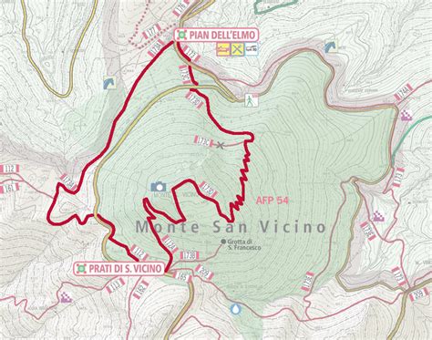 Mappa della Riserva Naturale del Monte San Vicino e Monte Canfaito, con indicazione dei comuni e delle aree principali.