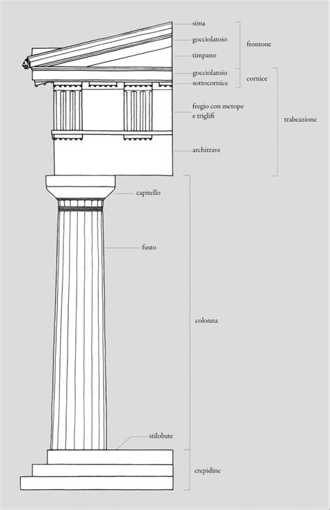 Schema architettonico della facciata curvilinea vanvitelliana e del pronao con colonne doriche.