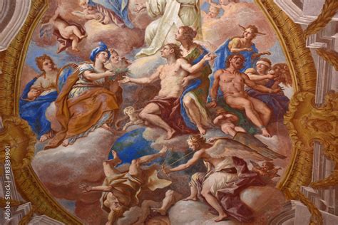 Dettaglio della volta della Certosa con affreschi di angeli e simboli della Passione.