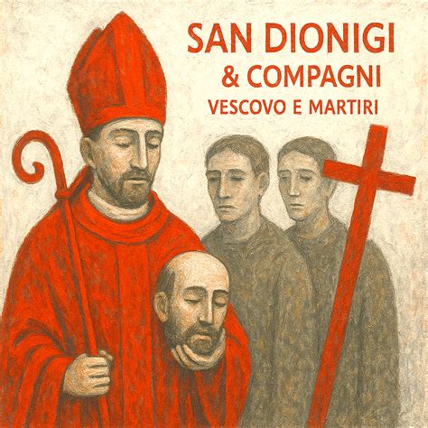 Illustrazione iconografica di San Dionigi, raffigurato in abiti episcopali mentre regge il proprio capo.
