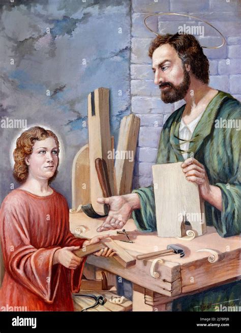 Un'illustrazione classica di San Giuseppe nella sua bottega mentre lavora il legno con il giovane Gesù che osserva, rappresentando il passaggio della maestria artigianale.