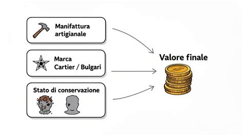 Schema che illustra i fattori che influenzano il prezzo di un rosario in oro: carati dell'oro, lunghezza e lavorazione.