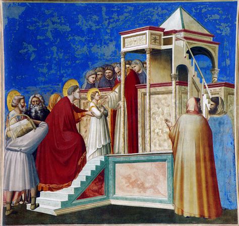Iconografia tradizionale che rappresenta la Presentazione di Maria al Tempio e il significato teologico della sua infanzia in raccoglimento.