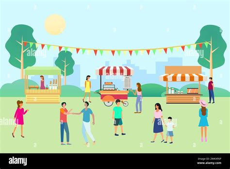 illustrazione di una fiera tradizionale con bancarelle e persone