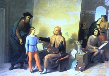 Raffaello Sanzio giovane in un ambiente che evoca la bottega del Perugino a Perugia