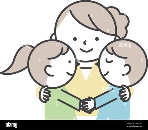 Illustrazione vettoriale di una suora che abbraccia dei bambini sorridenti.