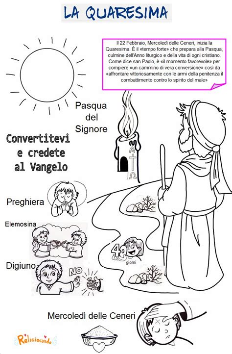 Bambini e ragazzi che partecipano ad attività di gruppo per la Quaresima, con disegni e materiali didattici