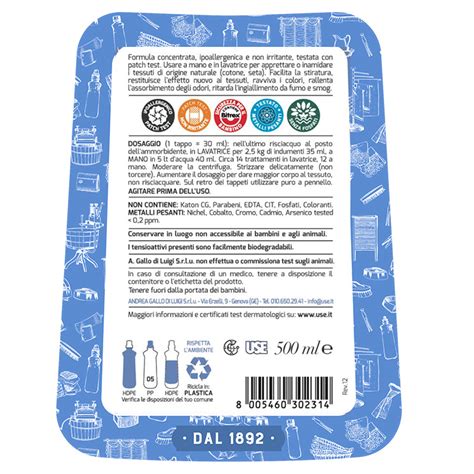 flacone di appretto liquido per lavatrice con etichetta leggibile