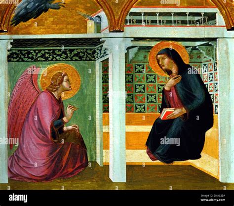 Arcangelo Gabriele che annuncia la nascita di Gesù a Maria, con simboli religiosi