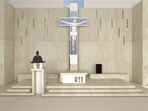 Interno dell'aula liturgica del complesso parrocchiale Santa Barbara, con focus sull'altare e sul crocifisso