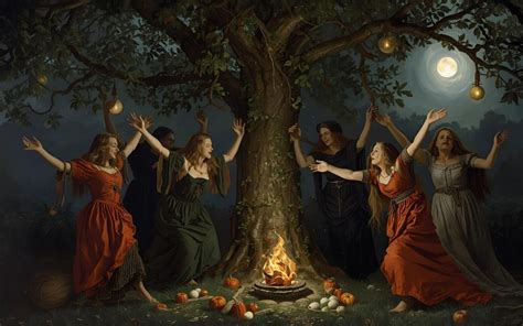 rappresentazione artistica della Notte delle Streghe con figure danzanti attorno a un falò