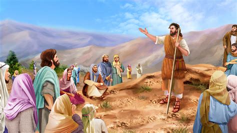 Giovanni Battista che predica nel deserto, con la folla che lo ascolta. Scena biblica.