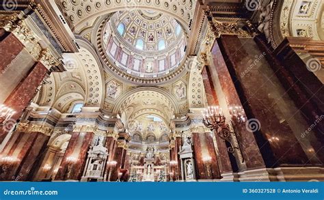 Interior view of Basilica of Saint Stephen in Budapest, highlighting the altar and mosaics