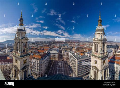 Panoramic photo from the dome of the Basilica of St Stephen overlooking Budapest