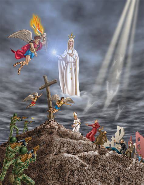 Rappresentazione artistica della visione del Terzo Segreto di Fatima (Angelo con spada di fuoco, Vescovo vestito di bianco, martirio)