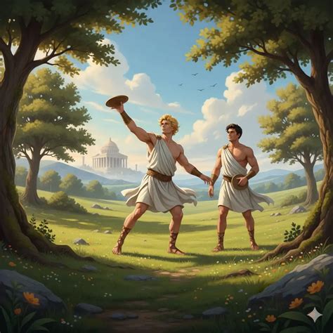 Illustrazione mitologica di Apollo e Giacinto con il disco e la nascita del fiore
