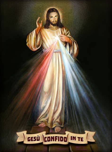 Immagine della Divina Misericordia con Gesù che mostra i raggi rosso e bianco