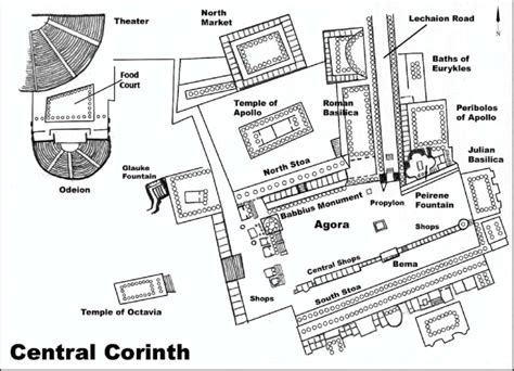 Mappa o illustrazione dell'antica città di Corinto con dettagli storici