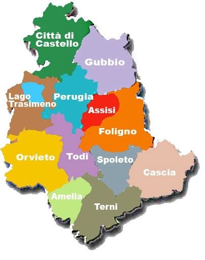 Mappa dell'Umbria con evidenziata Cascia e le principali città