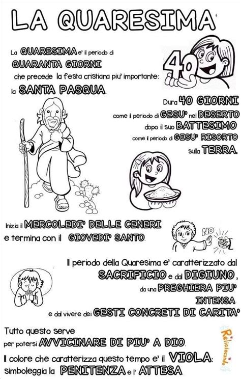 infografica sui tre pilastri della Quaresima (preghiera, carità, digiuno) in versione semplificata per bambini
