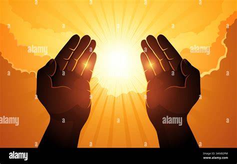 Mani in preghiera o in atto di benedizione, con luce soffusa