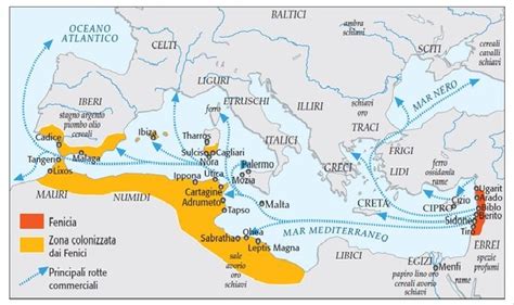 Mappa delle principali città fenicie e delle rotte commerciali nel Mediterraneo antico
