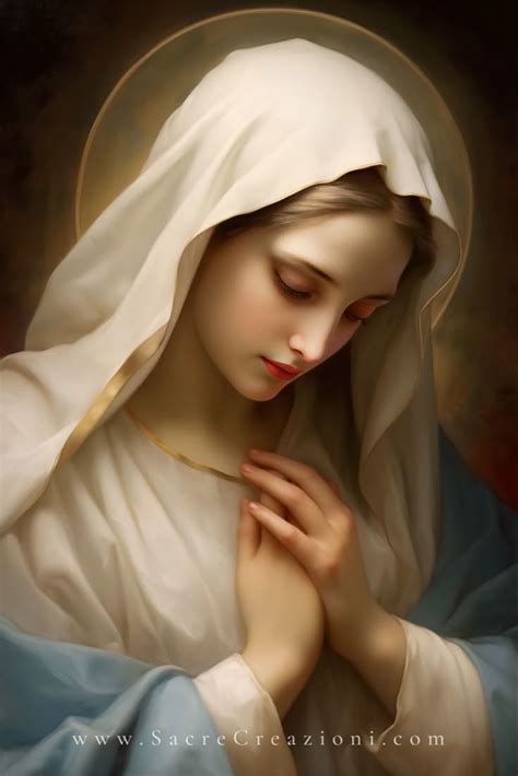 Immagine della Vergine Maria che tiene in mano un Rosario, simbolo di intercessione e guida spirituale.