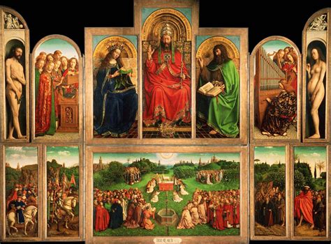 Dettaglio del registro superiore del Polittico di Gand aperto, con Cristo Re, la Vergine e San Giovanni Battista