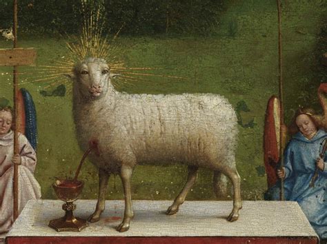 Dettaglio del pannello centrale dell'Adorazione dell'Agnello Mistico con l'Agnello sull'altare