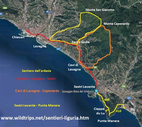 Mappa del sentiero da Chiavari a Montallegro con punti panoramici
