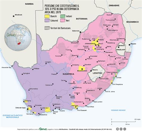 Mappa del Sudafrica con evidenziate le aree dell'apartheid