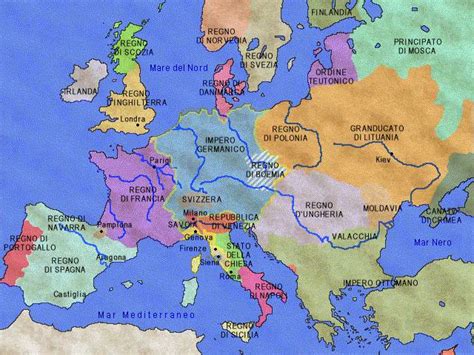 Mappa storica dell'Europa tra XV e XVI secolo con l'indicazione dei principali centri finanziari e dei flussi di denaro verso Roma