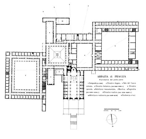 Pianta generale dell'abbazia di Praglia con indicazione dei diversi chiostri e delle aree principali.