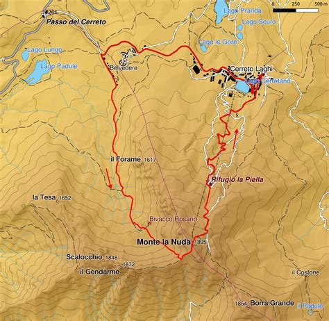 Mappa del sentiero per il Bivacco Rosario dal Lago del Cerreto