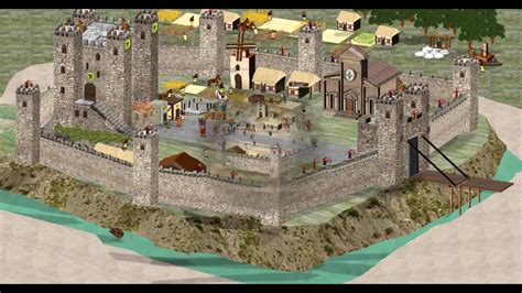 Ricostruzione storica di un villaggio medievale con mercato e chiesa romanica in costruzione