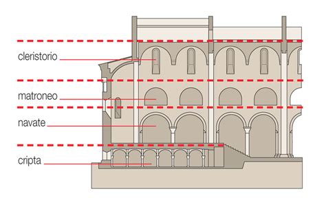 Sezione trasversale di una tipica chiesa romanica, evidenziando le volte a crociera e le spesse murature