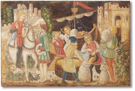 Affresco medievale raffigurante pellegrini in viaggio lungo una strada