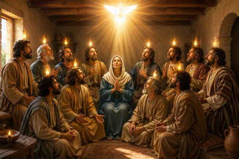 illustrazione degli apostoli e Maria riuniti in preghiera in una stanza
