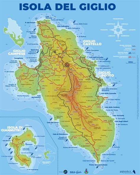 Mappa dell'isola del Giglio con evidenziati i principali centri abitati