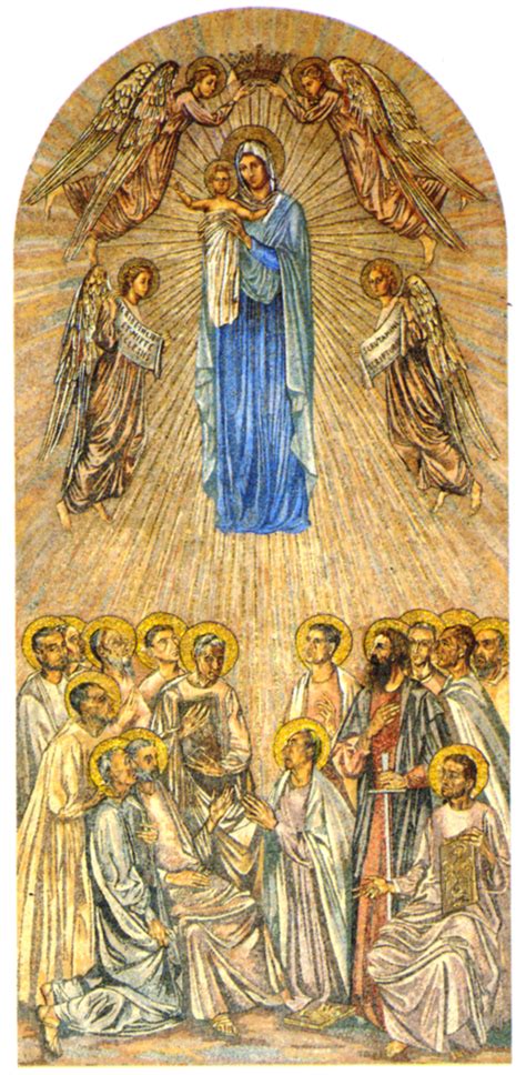 Illustrazione simbolica o iconografia classica che rappresenta Maria come Regina degli Apostoli, circondata dai discepoli o in preghiera nel Cenacolo.