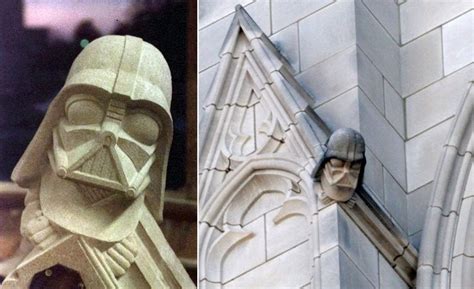 Foto ravvicinata del gargoyle di Darth Vader sulla cattedrale