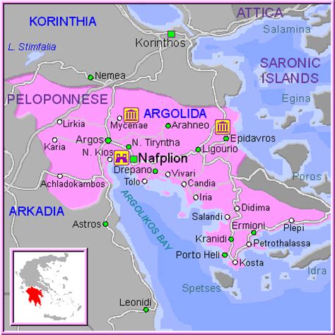 Mappa della regione dell'Argolide con la posizione del Santuario di Nemea