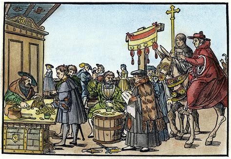 Depiction of medieval indulgence sellers and faithful