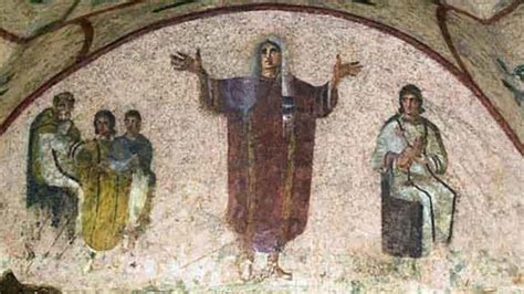 Icona o affresco di una donna orante nelle catacombe cristiane