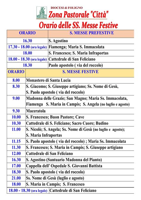 Infografica schematica degli orari delle messe feriali e festive (invernali ed estive)