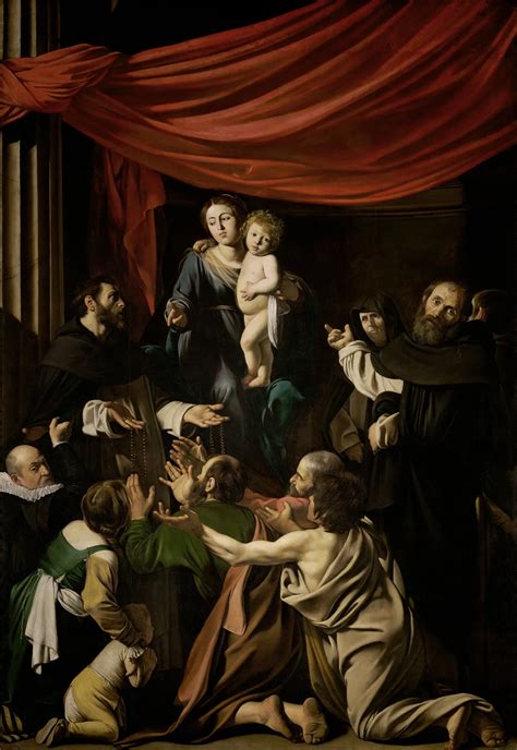 The Virgin of the Rosary by Caravaggio, highlighting its dramatic composition and figures