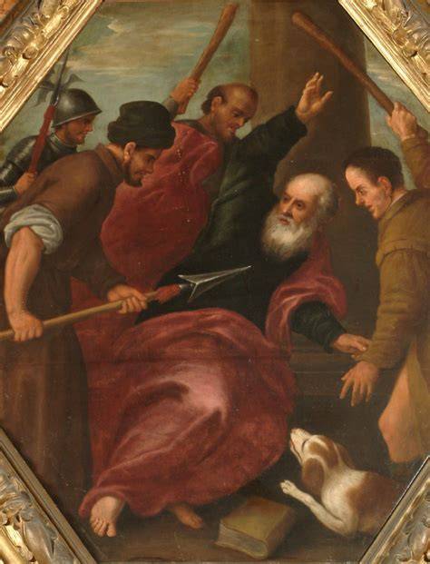 Rappresentazione artistica del martirio di San Giuda Taddeo e San Simone lo Zelota, con elementi come mazze, lance e un tempio pagano in rovina.