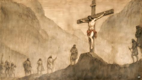 Illustrazione della crocifissione di Gesù, con particolare enfasi sui soldati e sulle figure che osservano.
