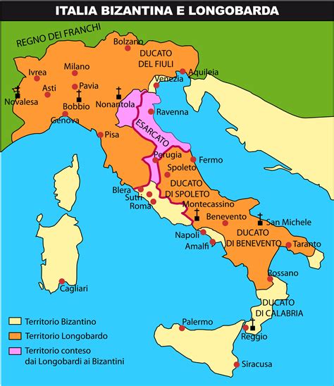 Mappa dell'Italia nel VI secolo con i territori bizantini, longobardi e l'emergente influenza della Chiesa