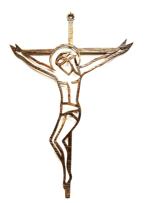 Disegno stilizzato di un crocifisso con corpo di Cristo in alluminio e croce in legno laccato nero.